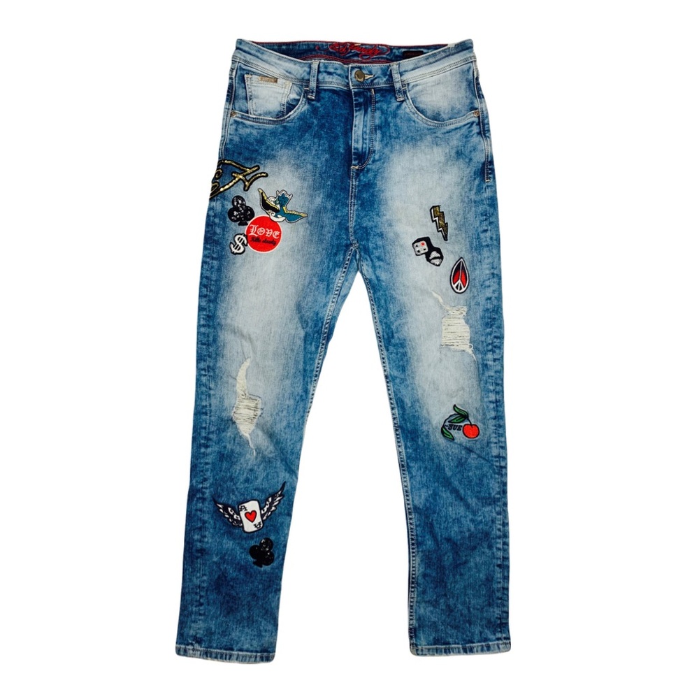 Y2K High Rise Jeans Ed Hardy Jeans with Patches Slim Straight High Rise